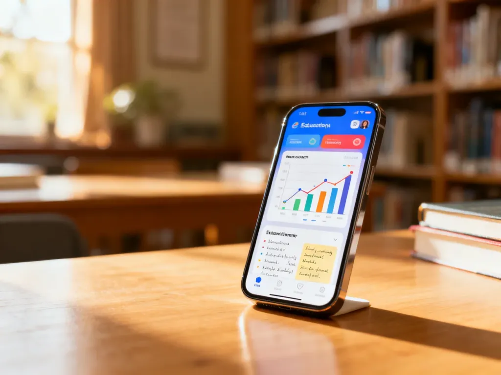 Smartfon z otwartą aplikacją edukacyjną na drewnianym biurku w przytulnej bibliotece.