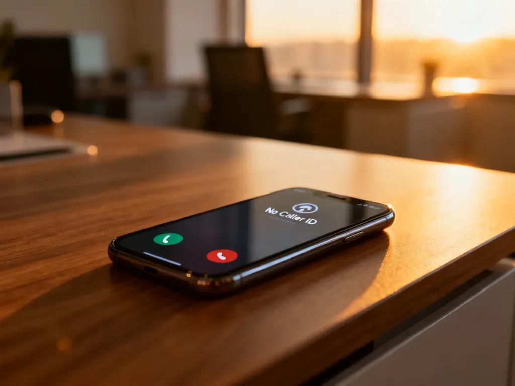 Smartfon na drewnianym biurku z powiadomieniem o połączeniu przychodzącym z zastrzeżonego numeru.