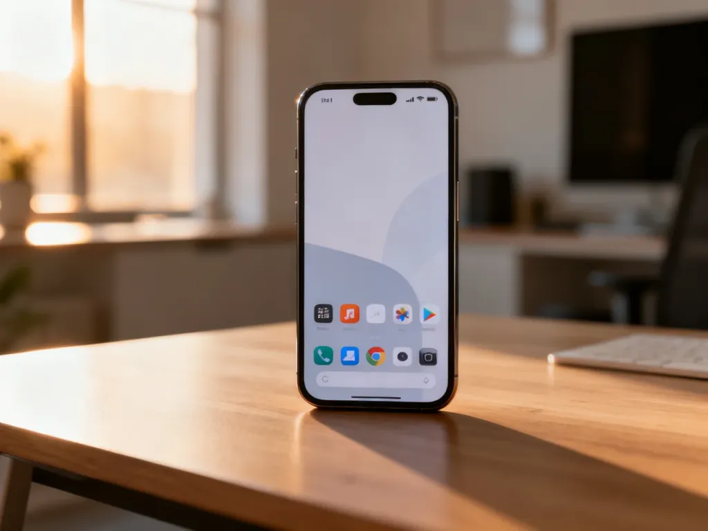 Nowoczesny smartfon z przejrzystym interfejsem One UI na ekranie, spoczywający na biurku w słonecznym domowym biurze.