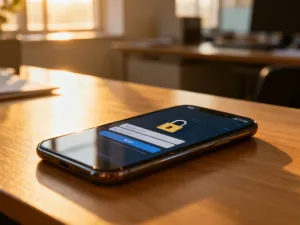 Smartfon leżący na biurku z widocznym symbolem usuwania na ekranie, ilustrujący proces kasowania konta w aplikacji.