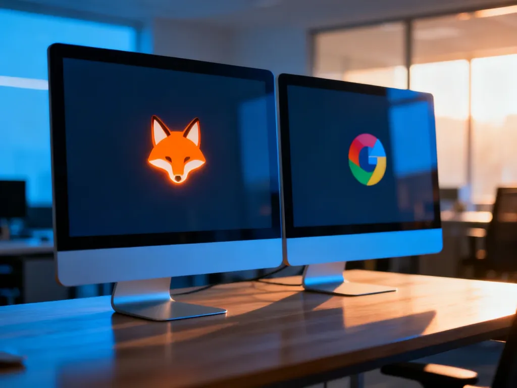 Dwa monitory na biurku z logotypami przeglądarek Firefox i Chrome, ilustrujące porównanie obu programów.