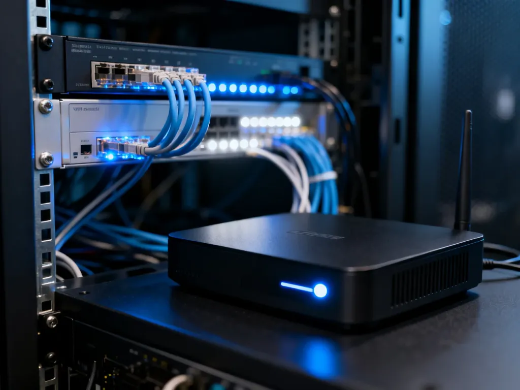 Nowoczesny router z migającą diodą oraz serwerownia z okablowaniem światłowodowym, symbolizujące infrastrukturę sieciową.
