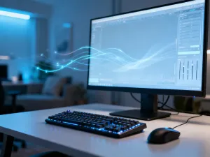 Otwarty laptop na drewnianym biurku z widocznym oknem informacji o systemie w przytulnym domowym biurze.