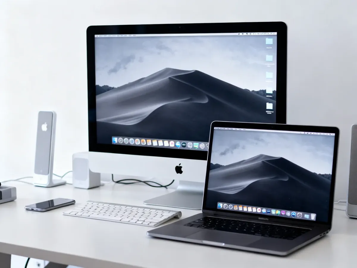 Komputery Mac na minimalistycznym biurku w nowoczesnym środowisku pracy