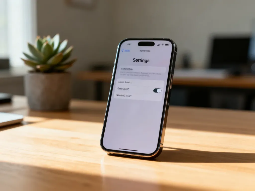 iPhone leżący na biurku z otwartym menu ustawień, na którym wyłączany jest przełącznik limitu czasu przed ekranem.