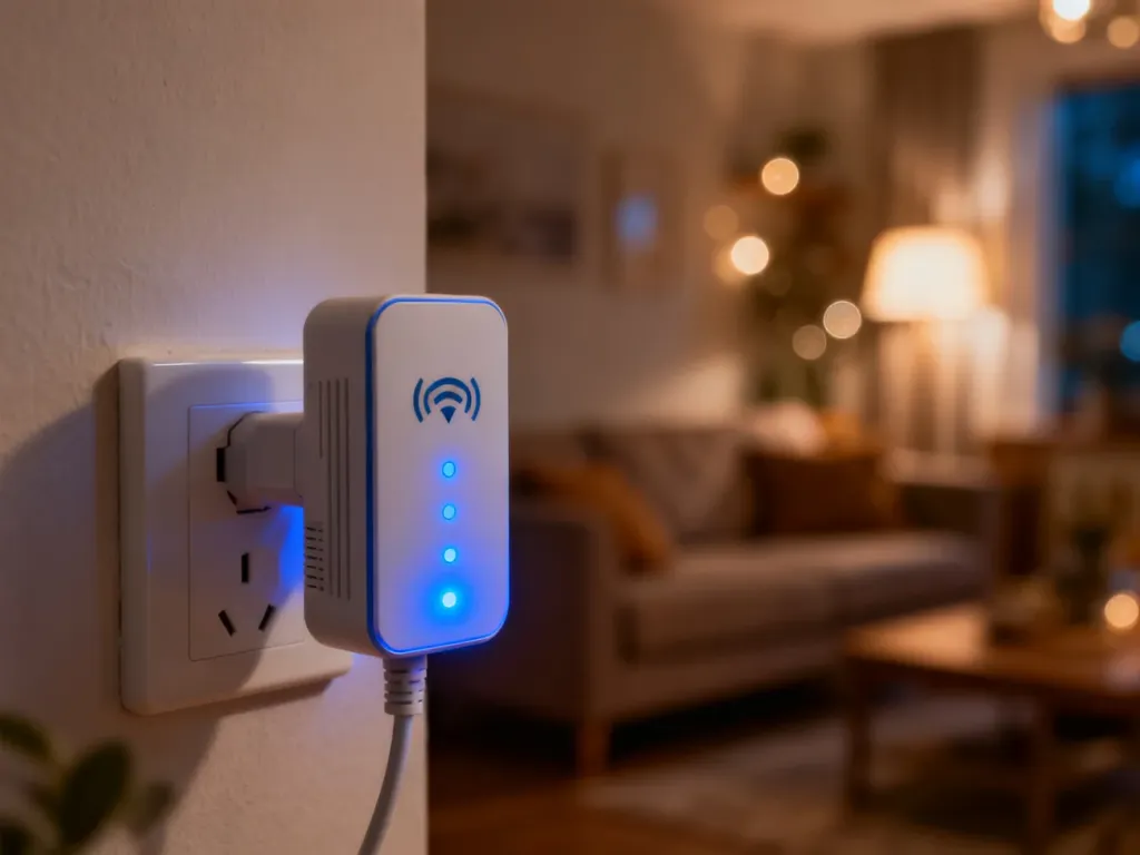 Nowoczesny wzmacniacz sygnału Wi-Fi wpięty do gniazdka elektrycznego z widocznymi niebieskimi diodami wskazującymi zasięg.