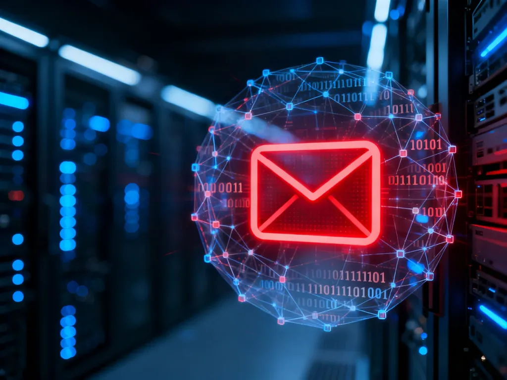 Cyfrowa wizualizacja złośliwej wiadomości e-mail wyłaniającej się z sieci danych, symbolizująca zagrożenie spear phishingiem.