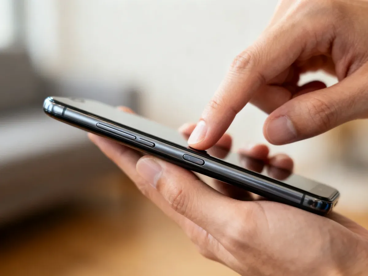 Dłonie naciskające jednocześnie przycisk boczny i zmniejszania głośności w telefonie Samsung