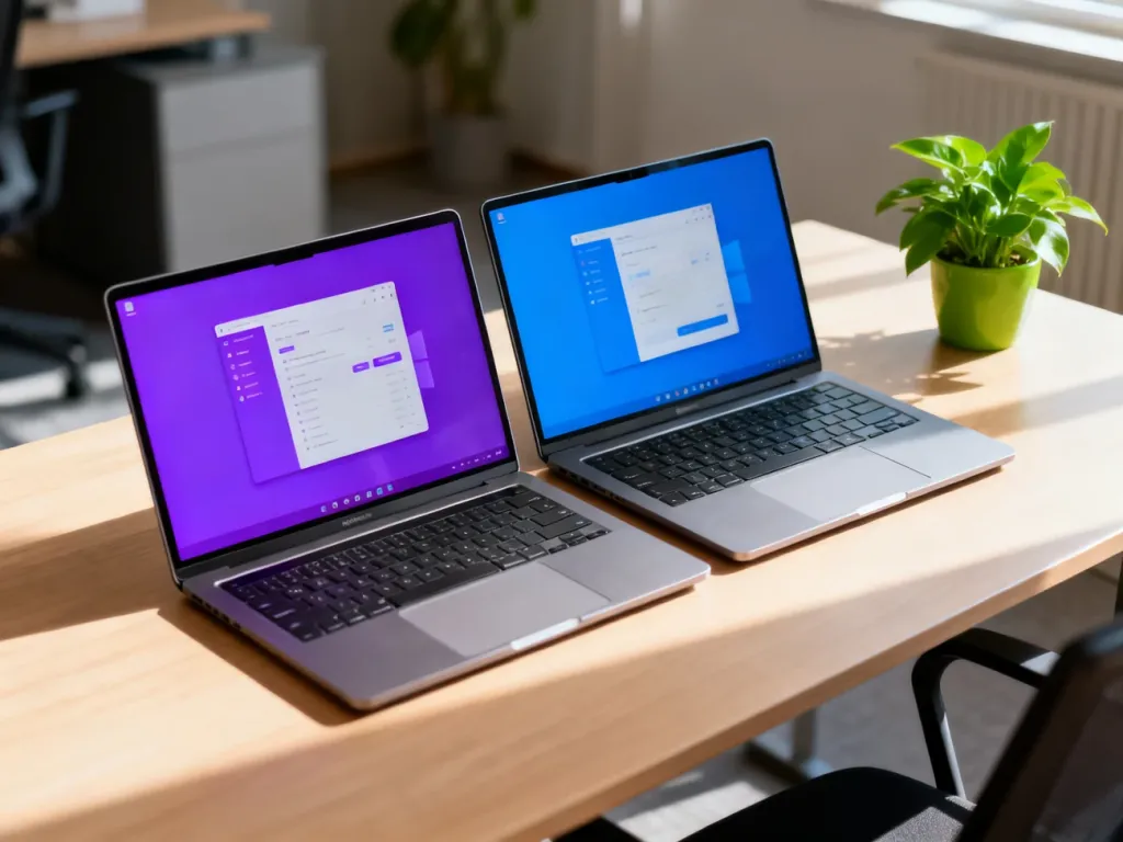 Dwa laptopy z otwartymi interfejsami komunikatorów na drewnianym biurku, symbolizujące porównanie Slacka i Microsoft Teams.