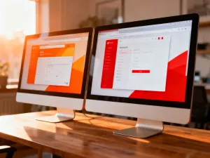 Ekran systemu multimedialnego w samochodzie z włączoną nawigacją i panelem sterowania muzyką.
