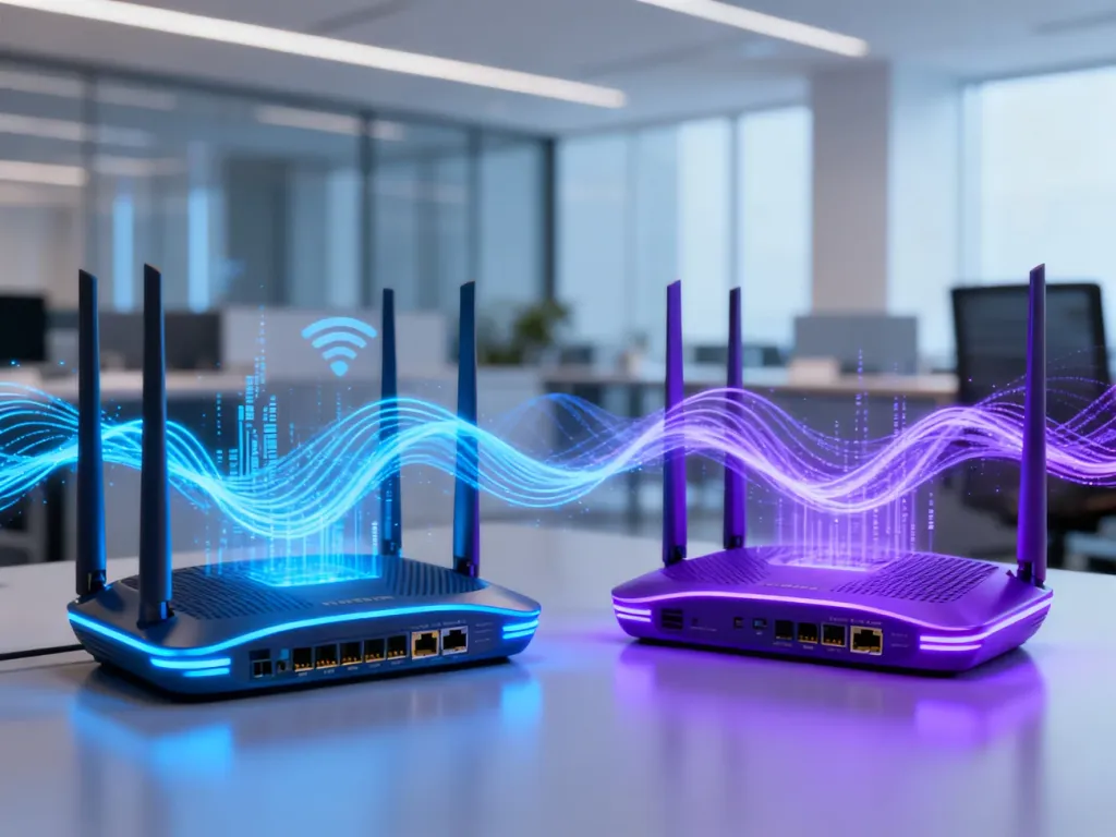 Dwa nowoczesne routery emitujące cyfrowe fale, symbolizujące różnice między standardami Wi-Fi 5 oraz Wi-Fi 6.