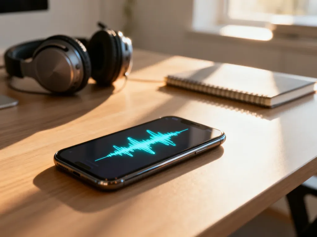 Smartfon na biurku z widoczną falą dźwiękową nagrania rozmowy w minimalistycznym biurze.