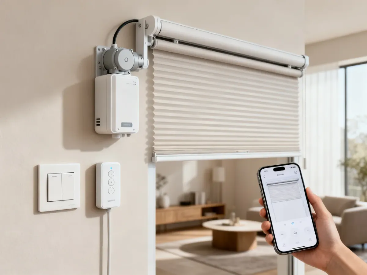 Inteligentny moduł sterujący elektryczną roletą i smartfon w nowoczesnym wnętrzu
