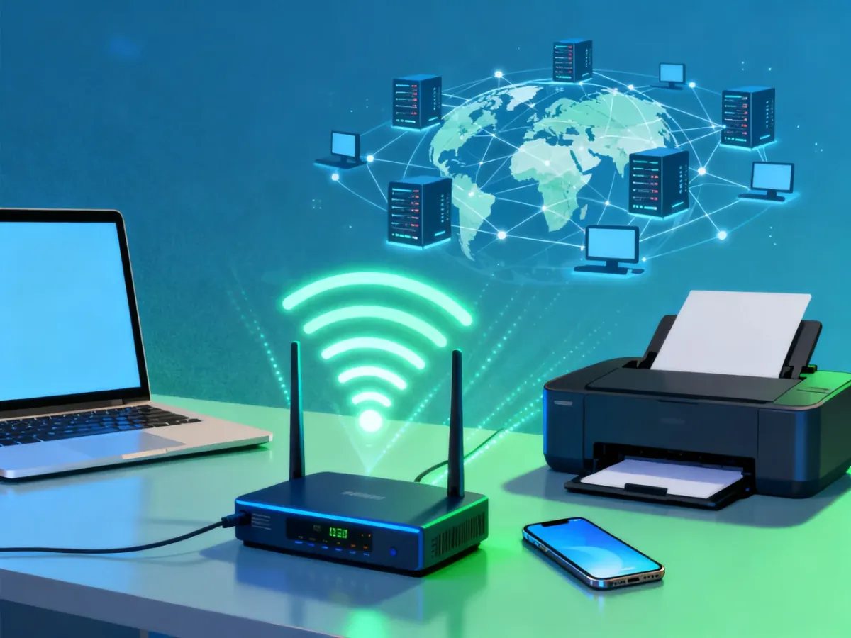 Router łączący bezprzewodowo laptop, telefon i drukarkę z globalną siecią Internetu