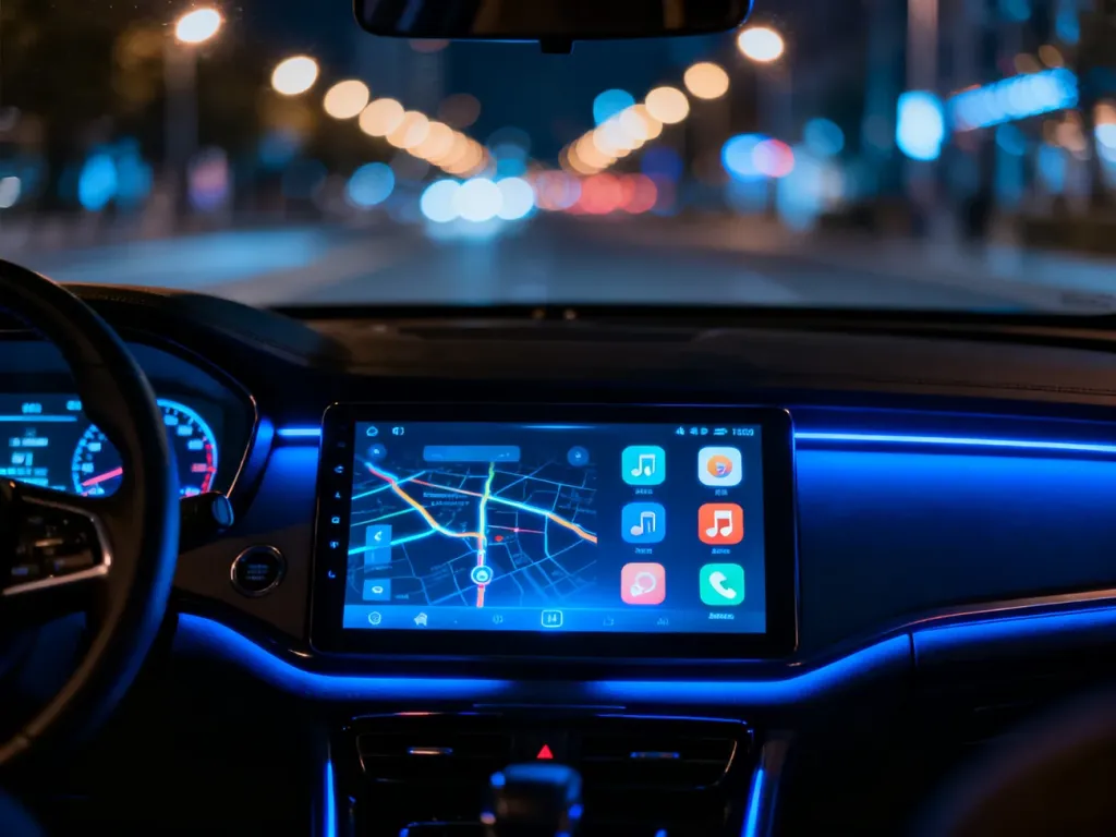Nowoczesny kokpit samochodu z włączonym interfejsem Android Auto na ekranie dotykowym w nocnej scenerii miasta.