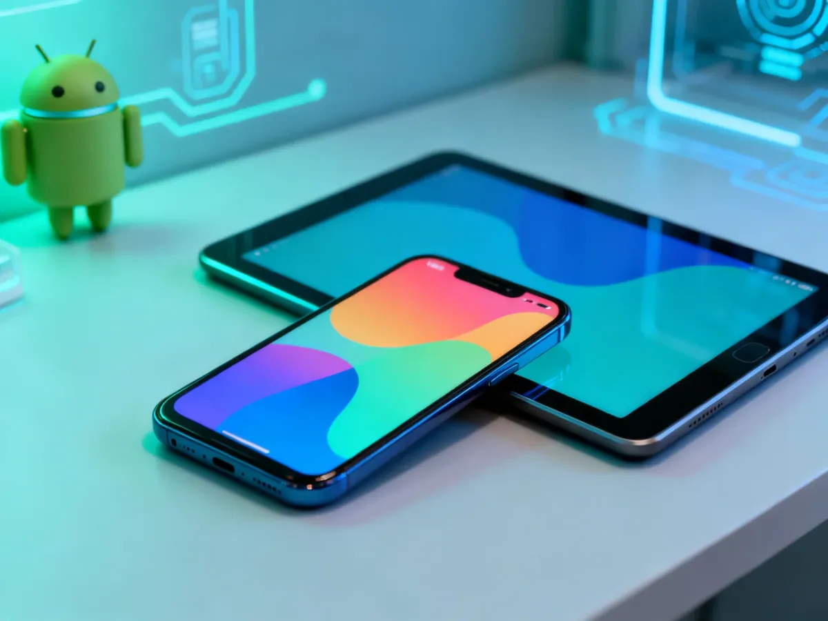 Smartfon i tablet z systemem Android na nowoczesnym tle technologicznym