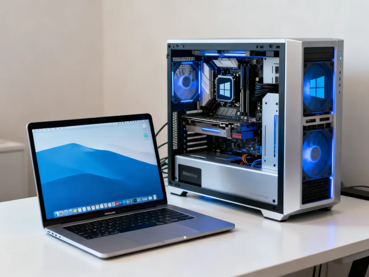 MacBook i komputer stacjonarny PC ustawione obok siebie na biurku