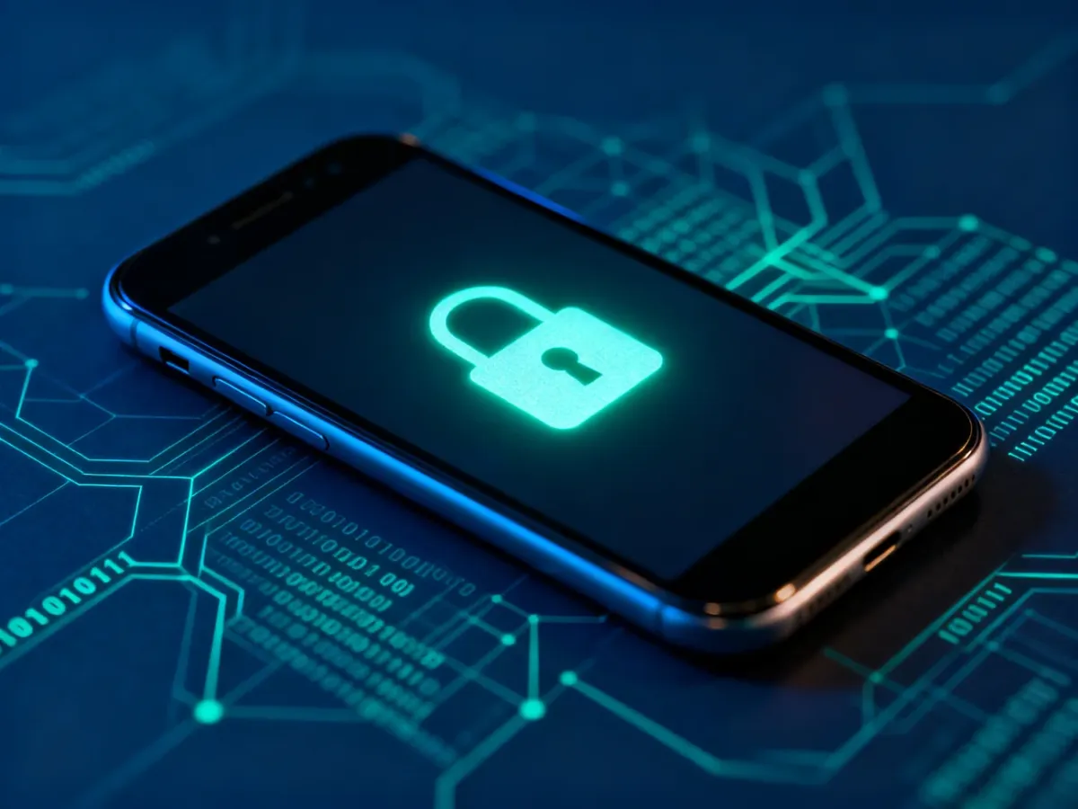 Smartfon otoczony symbolem kłódki i wizualizacją szyfrowania