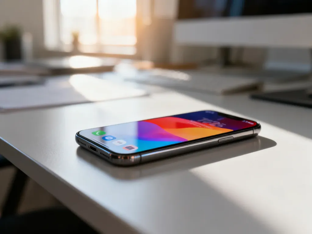 Nowoczesny smartfon z kolorowymi ikonami aplikacji leżący na minimalistycznym biurku w słonecznym biurze.