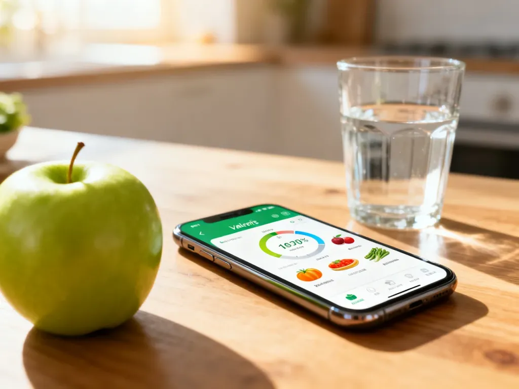 Smartfon z otwartą aplikacją do liczenia kalorii obok jabłka i szklanki wody na kuchennym stole.
