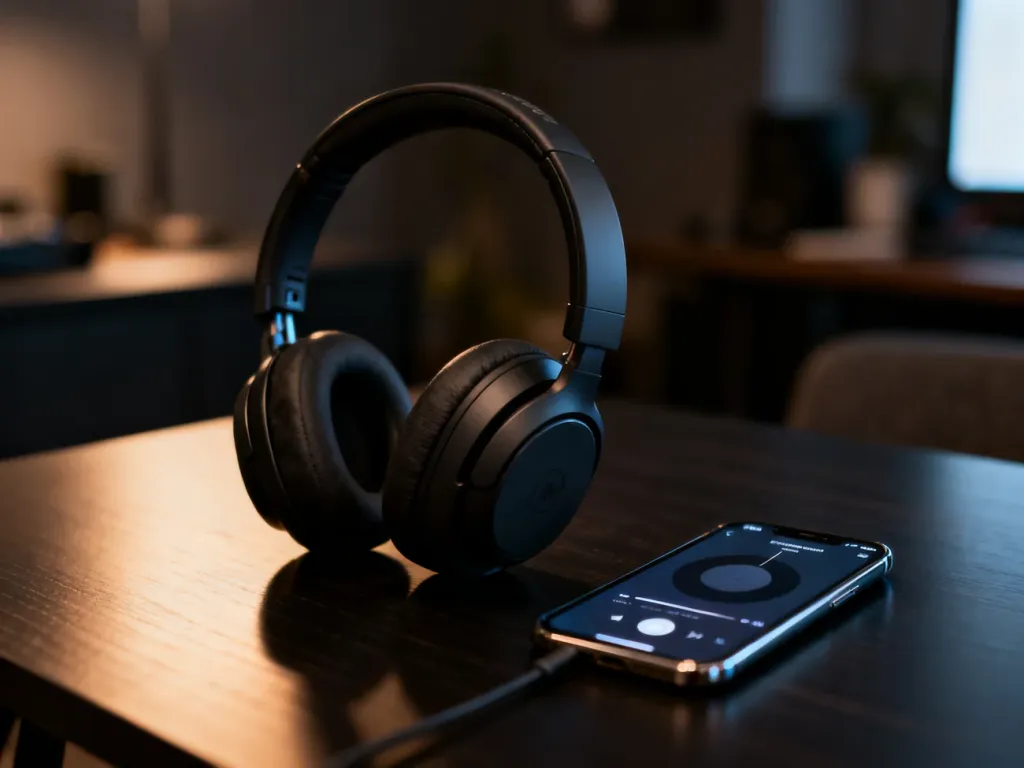 Wysokiej klasy słuchawki bezprzewodowe i smartfon z odtwarzaczem muzyki na biurku, podkreślające jakość dźwięku w Tidal.