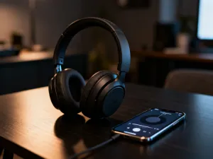 Smartfon leżący na drewnianym biurku z ikoną ustawień na ekranie, symbolizujący zarządzanie kontem użytkownika.