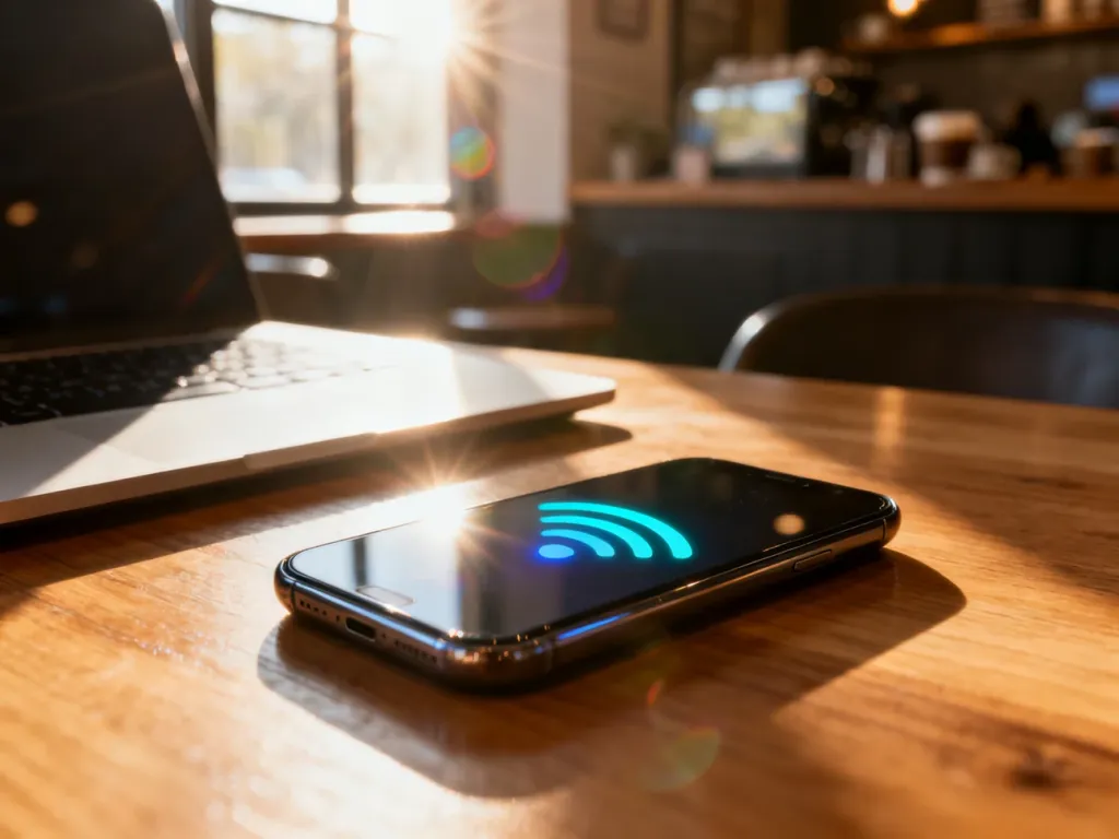Nowoczesny smartfon z ikoną udostępniania internetu na ekranie, leżący na drewnianym biurku w kawiarni.