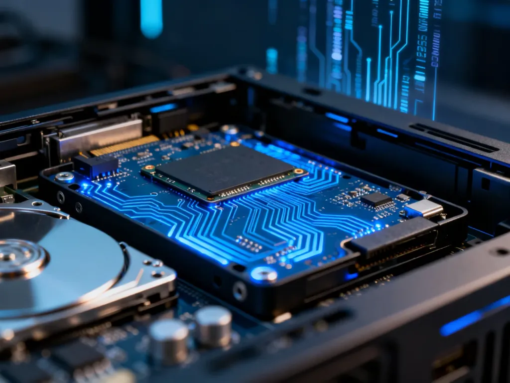 Wnętrze nowoczesnego komputera z widocznymi podzespołami dysku SSD i podświetlanymi układami scalonymi.