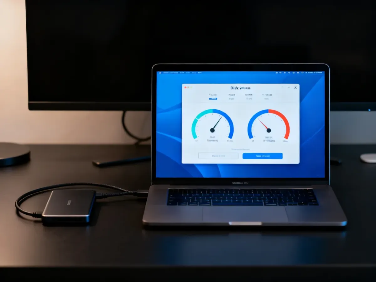 MacBook z uruchomionym testem prędkości dysku i podłączonym zewnętrznym SSD