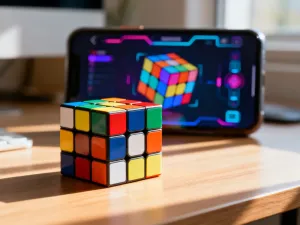 Nowoczesny smartfon z ikoną udostępniania internetu na ekranie, leżący na drewnianym biurku w kawiarni.