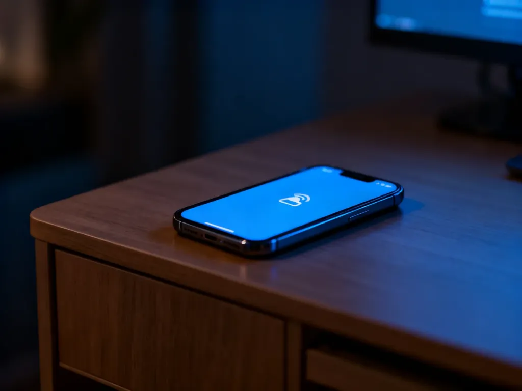 Nowoczesny smartfon na drewnianym biurku w przyciemnionym pokoju, sygnalizujący aktywne powiadomienia.