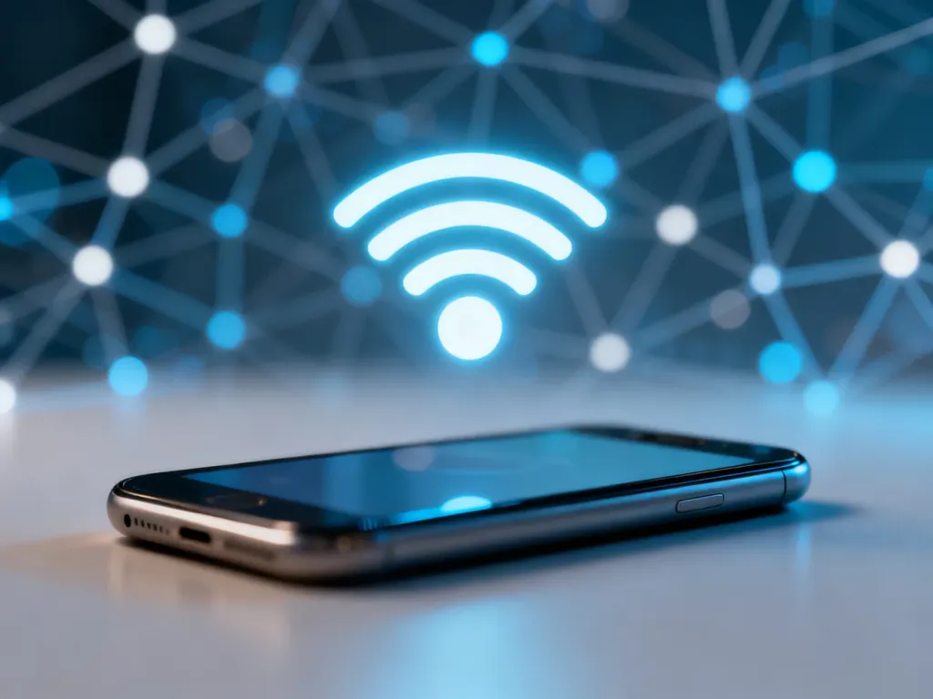 Świecąca ikona Wi-Fi unosząca się nad smartfonem, symbolizująca technologię bezprzewodowej komunikacji głosowej.