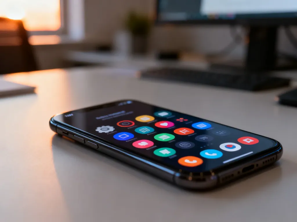 Zbliżenie na ekran smartfona Samsung z kolorowymi ikonami systemowymi na tle biurka w ciepłym świetle.