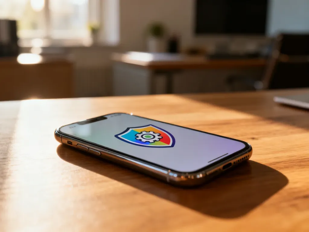 Nowoczesny smartfon na biurku z ikoną ustawień bezpieczeństwa na ekranie, symbolizujący konfigurację kontroli rodzicielskiej.