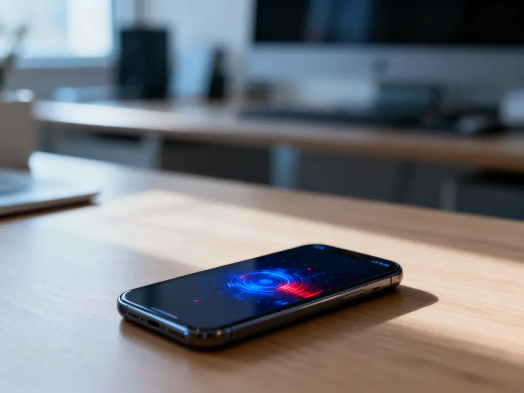 Nowoczesny smartfon leżący na biurku z wyświetlonym abstrakcyjnym wzorem sugerującym ostrzeżenie systemowe.