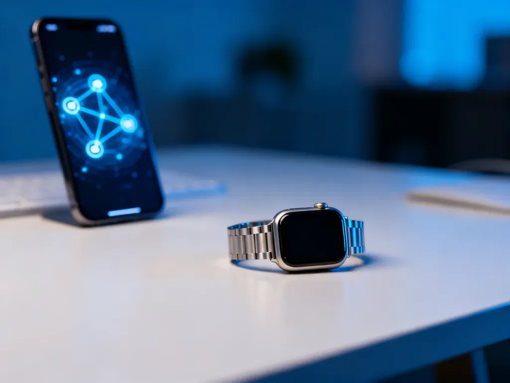 Nowoczesny smartwatch na biurku obok smartfona z widocznym interfejsem połączenia, symbolizujący współpracę urządzeń.