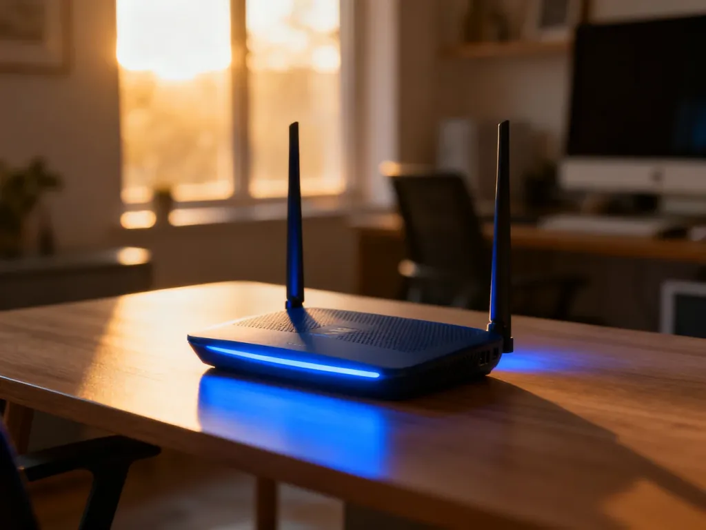 Nowoczesny router WiFi 6 z niebieskim podświetleniem na drewnianym biurku, symbolizujący szybką i stabilną łączność bezprzewodową.