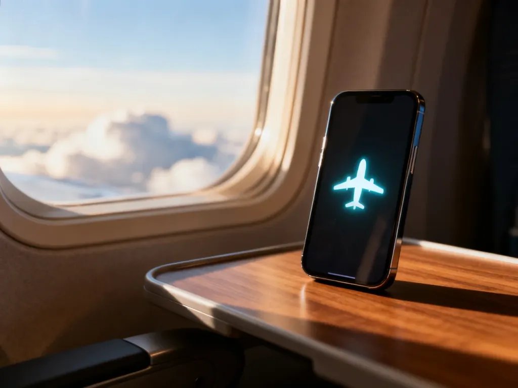 Nowoczesny smartfon z ikoną trybu samolotowego na ekranie, leżący na stoliku przy oknie w samolocie.
