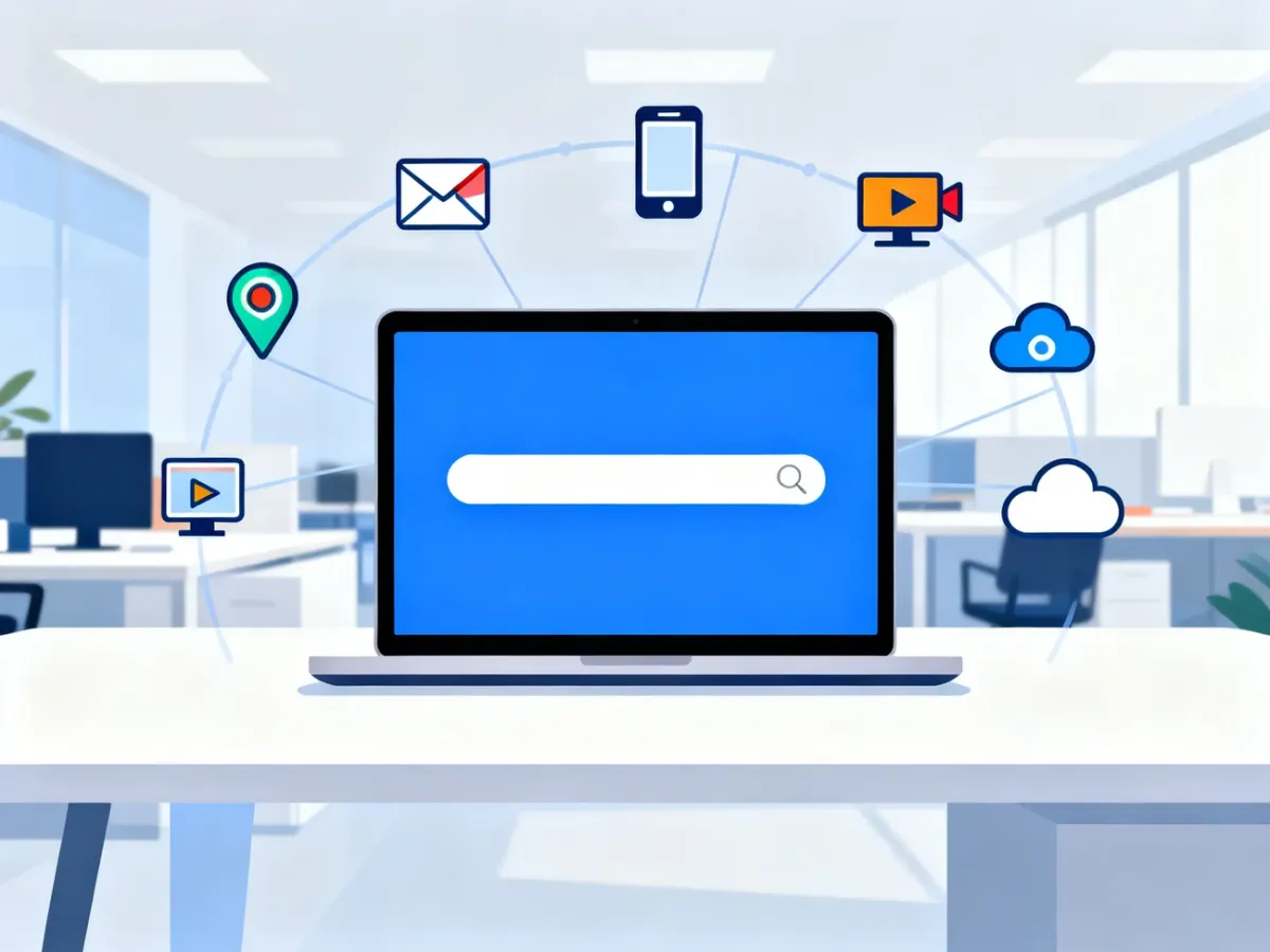 Laptop symbolizujący wyszukiwarkę Google i powiązany ekosystem usług
