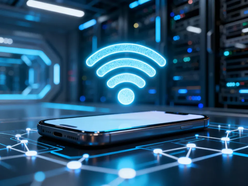 Świecąca ikona sygnału bezprzewodowego nad smartfonem, symbolizująca nawiązywanie połączenia Wi-Fi Direct.