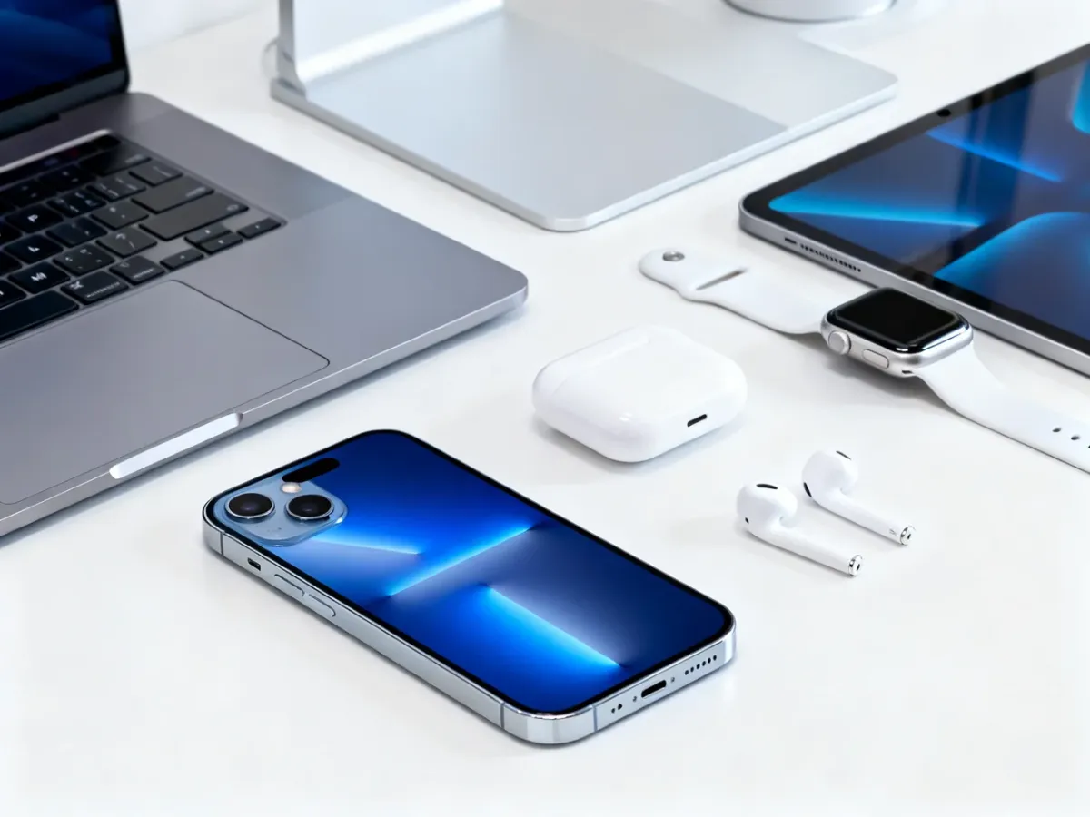 iPhone otoczony urządzeniami ekosystemu Apple