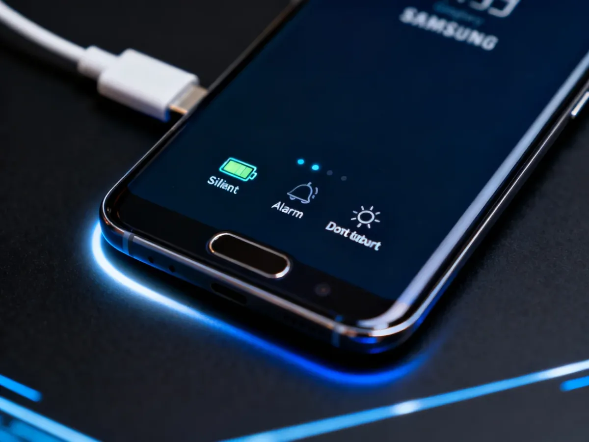 Telefon Samsung Galaxy z ikonami baterii, ładowania i trybów powiadomień