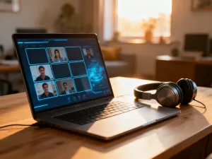 Nowoczesny laptop z minimalistycznym interfejsem przeglądarki na ekranie, ustawiony na biurku w jasnym domowym biurze.