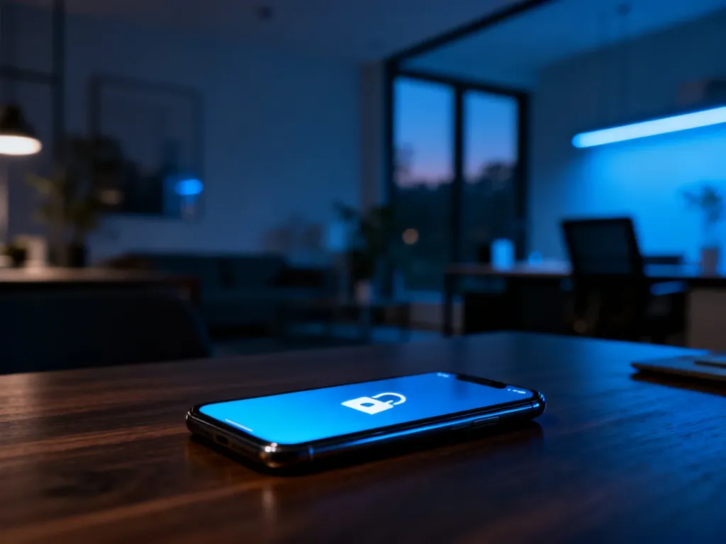 Smartfon leżący na biurku z ikoną kłódki na ekranie, symbolizującą ustawienia zabezpieczeń urządzenia.