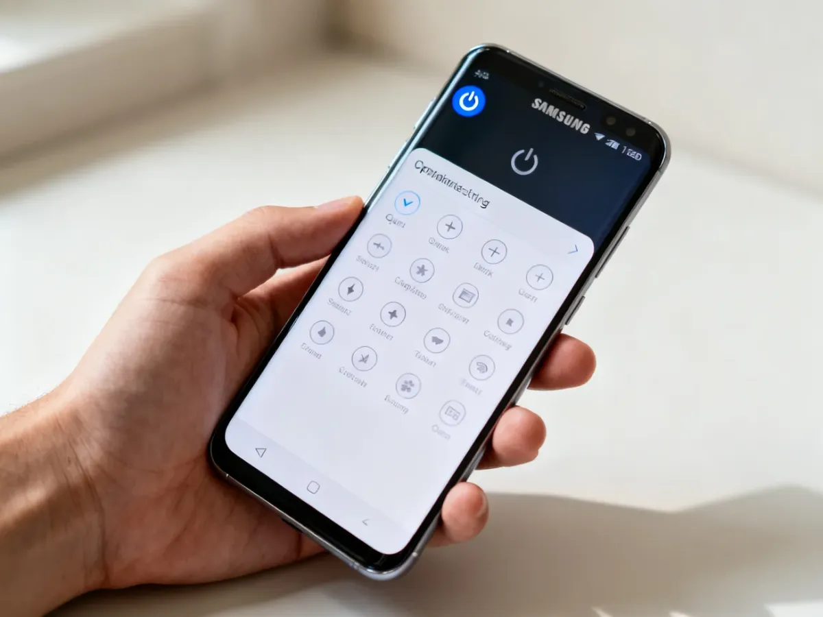 Smartfon Samsung z rozwiniętym panelem szybkich ustawień i ikoną zasilania