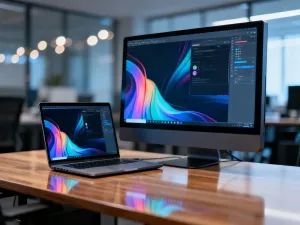 Laptop z otwartym interfejsem wideokonferencji na biurku, symbolizujący nowoczesną pracę zdalną z Microsoft Teams.