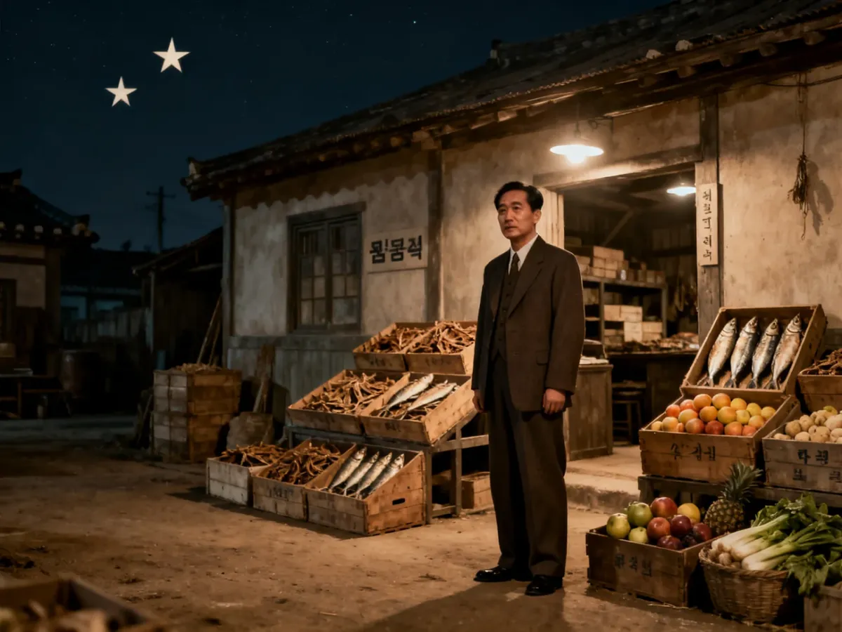 Lee Byung-chul przed skromnym magazynem pierwszej firmy handlowej Samsunga