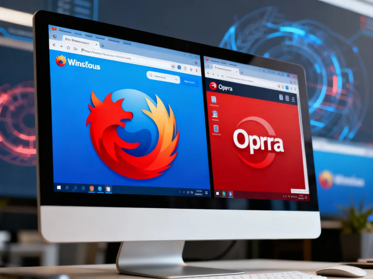 Dwa okna przeglądarek internetowych symbolizujące porównanie Firefoxa i Opery