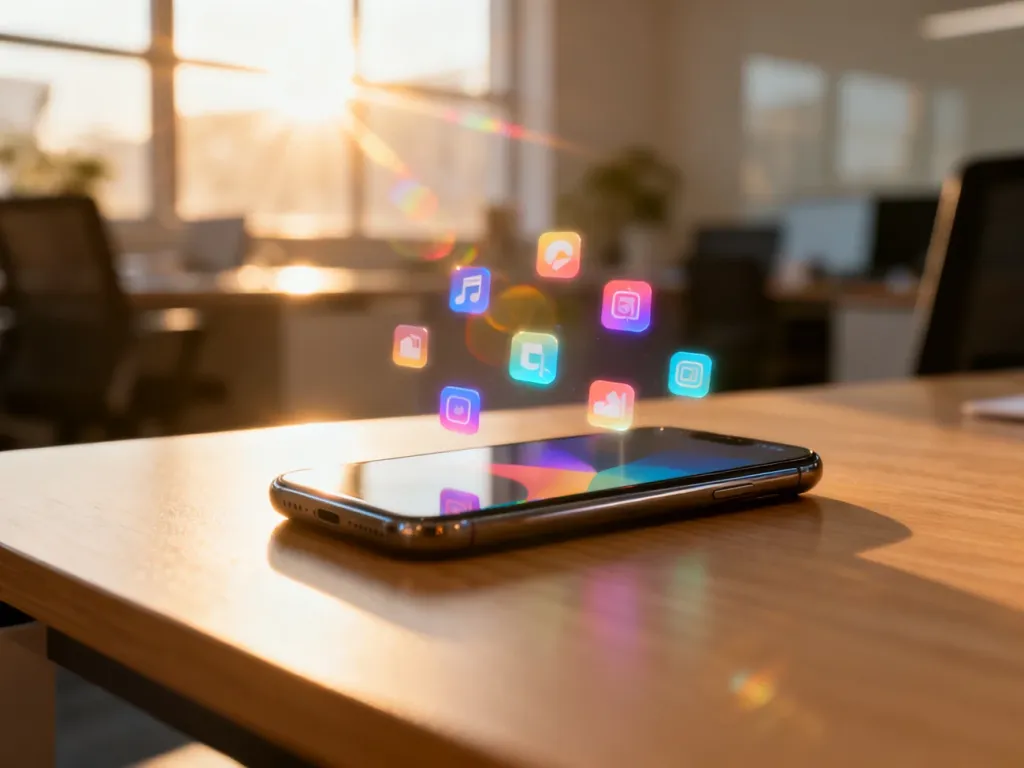 Nowoczesny smartfon z wyświetlonymi ikonami aplikacji na minimalistycznym biurku w słonecznym biurze.