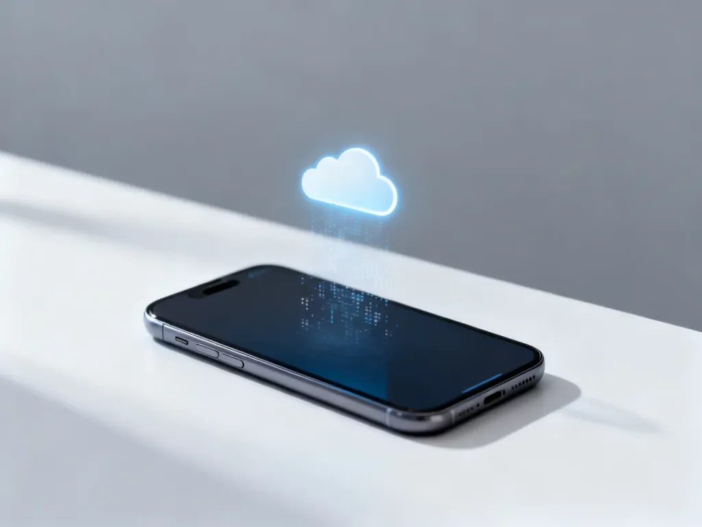 Nowoczesny smartfon z ikoną chmury rozpadającą się na cząsteczki, symbolizujący proces usuwania danych z iCloud.